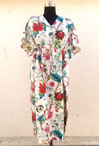 Indian Cotton White Floral Printed Kaftan Dress Women's Clothing Kaftan Dress US - Picture 2 of 3