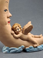 Vintage Hand Sculpted Clay Crescent Moon w/ Cherub Angel Figure