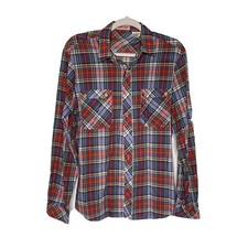Vintage 1970s Mad Man Red  Blue Plaid Button Front Collared Shirt Size Medium