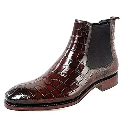 Men's Handmade Burgundy Crocodile Pattern Leather Chelsea Boots  Formal Shoes