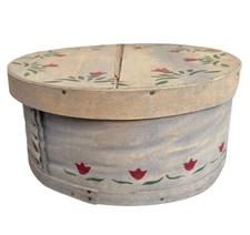 Large 16” Pantry Box Primitive Painted Blue Hand Painted Flower Blossoms Country