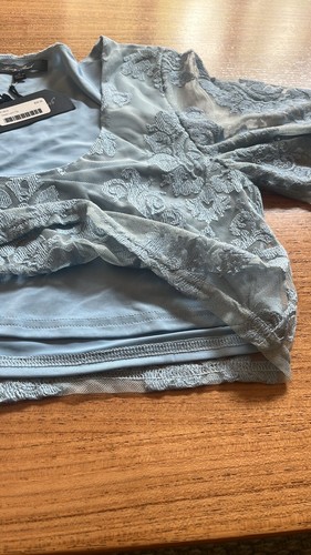 Honey Punch Cropped Sweet Lace Top, Scoop Neck, Short Bell Sleeve, Blue, Size S - Picture 9 of 14