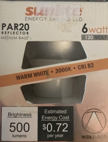 4-SUNLITE PAR20 500 Lumen Light Bulbs 3000k Warm White 6watt 120V Wide Flood NIB - Picture 2 of 5