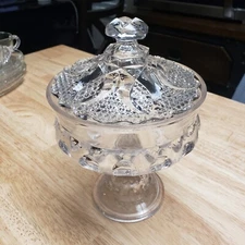 Vintage Clear Glass Candy Dish Pedestal Bowl with Lid Diamond Cut Design Wexford