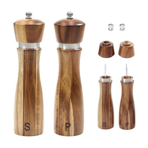 8-Inch Acacia Wood Salt and Pepper Grinders with Adjustable Ceramic Mechanism...