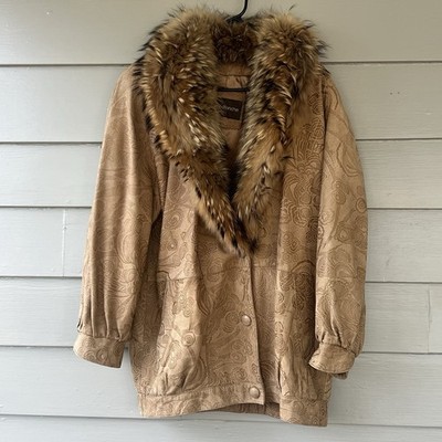 Maison Blanche Tooled Leather Coat Fur Collar Boho Festival USA Vintage