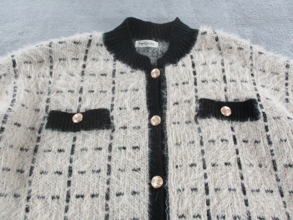 Impressions Suéter Mujer 2X 3X Negro Blanco Difuso Cuadros Botón Cárdigan Foto 2 de 4