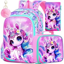 Unicorn Backpack for Girls, 16" Kids Bookbag with Lunch Box 3Pcs School B