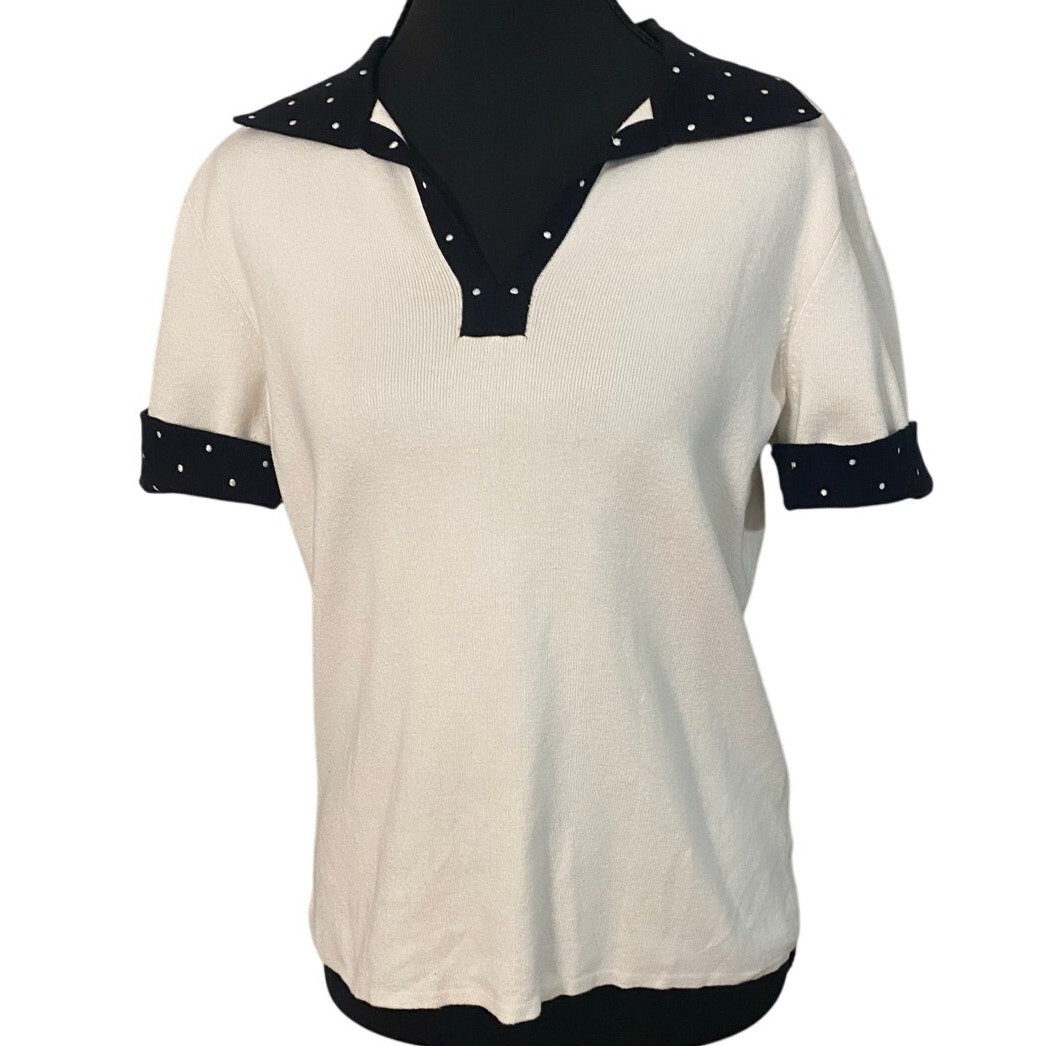 Vintage Polka Dot Collar Knit Polo White Black Petite Med Retro Rockabilly Prep