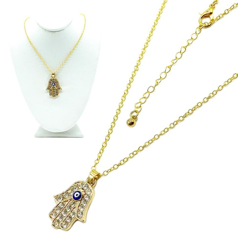 Dainty Fatima Hand Necklace Hamsa Gold Plated Crystals Evil Eye Lucky Cute Charm - Product main view