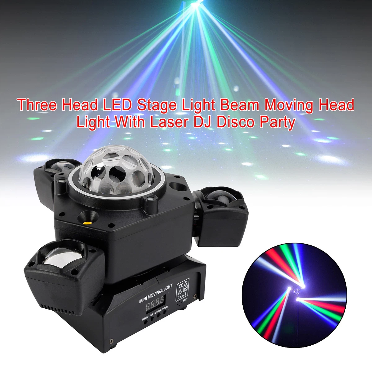 Luz de escenario LED de tres cabezales con haz de luz móvil y láser para DJ y fiestas discoteca