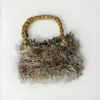Handmade Fuzzy Yarn Handbag with Wooden Bead Handles Boho Crochet Style Lined