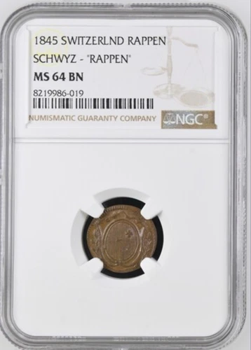 Switzerland, Schwyz, 1845 Rappen, NGC MS64-SINGLE TOP POP!