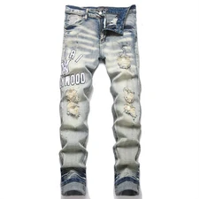 Style Punk Blue Slim Fit Stretch Ripped Patch Embroidery Small Foot Jeans