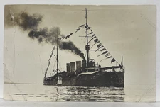 RPPC Postcard English Cruiser Bristol? with Flags WWI c1918 AZO