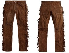 Men Native American Western Cowboy Brown Pants Full Leg Fringe Suede Leather