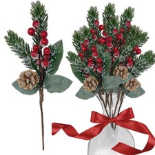 Christmas Floral Picks - 20 Pieces - Snow Flocked Red Holly Berry Pinecone Fl...