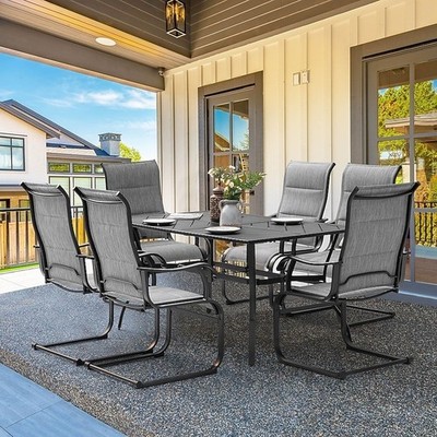 Nuu Garden 7Pc Black Patio Dining Set Iron Rectangle Table with 6 Light gray