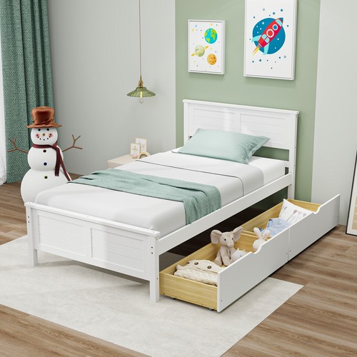 Twin Size Wooden Bed Frame with 2 Storage Drawers & Under-bed Storage White - Picture 4 of 11