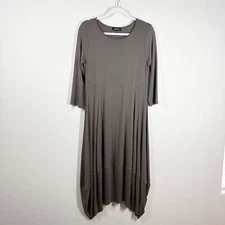 Comfy USA Kati Dress Size S Brown Taupe Tulip Asymmetric Hem 3/4  Sleeves Jersey