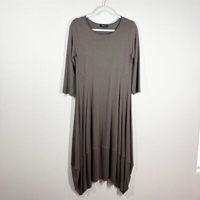 Comfy USA Kati Dress Size S Brown Taupe Tulip Asymmetric Hem 3/4  Sleeves Jersey
