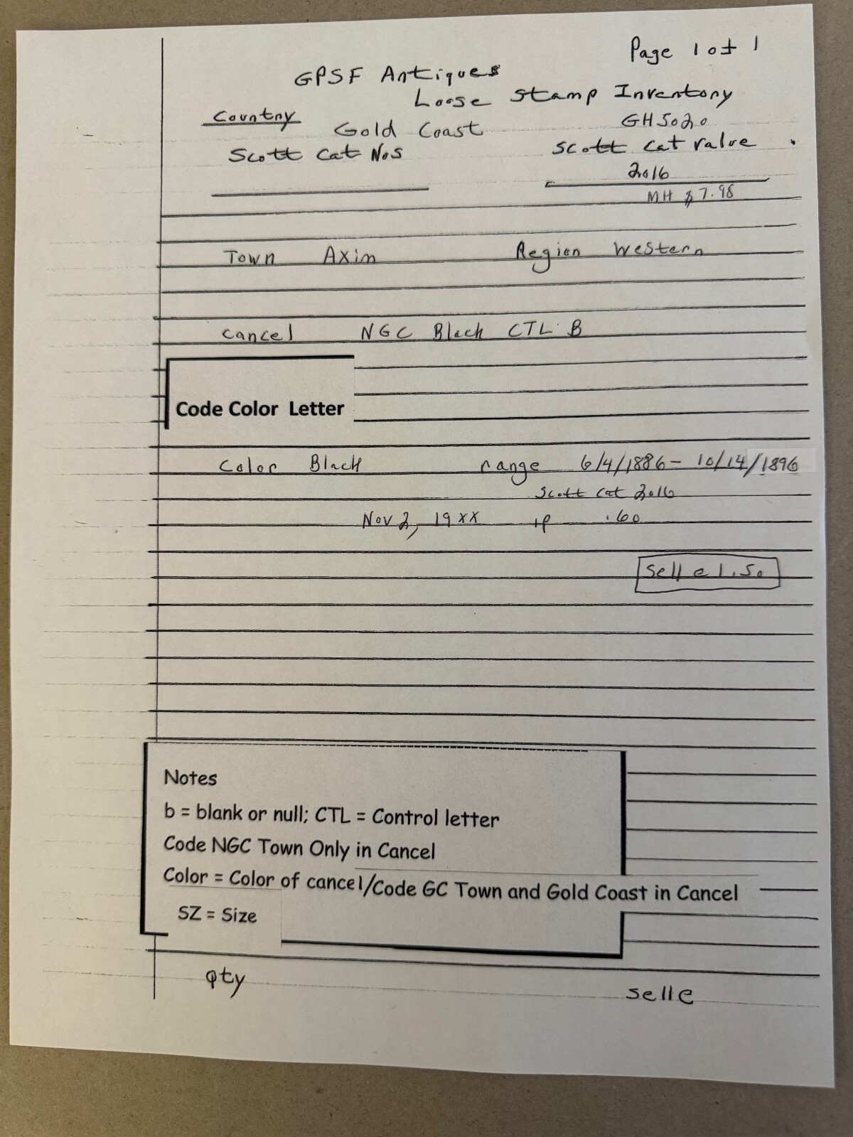 Exhibit Backup Gold Coast Cancel Axim B/Western Region on 1883 1p stamp crease