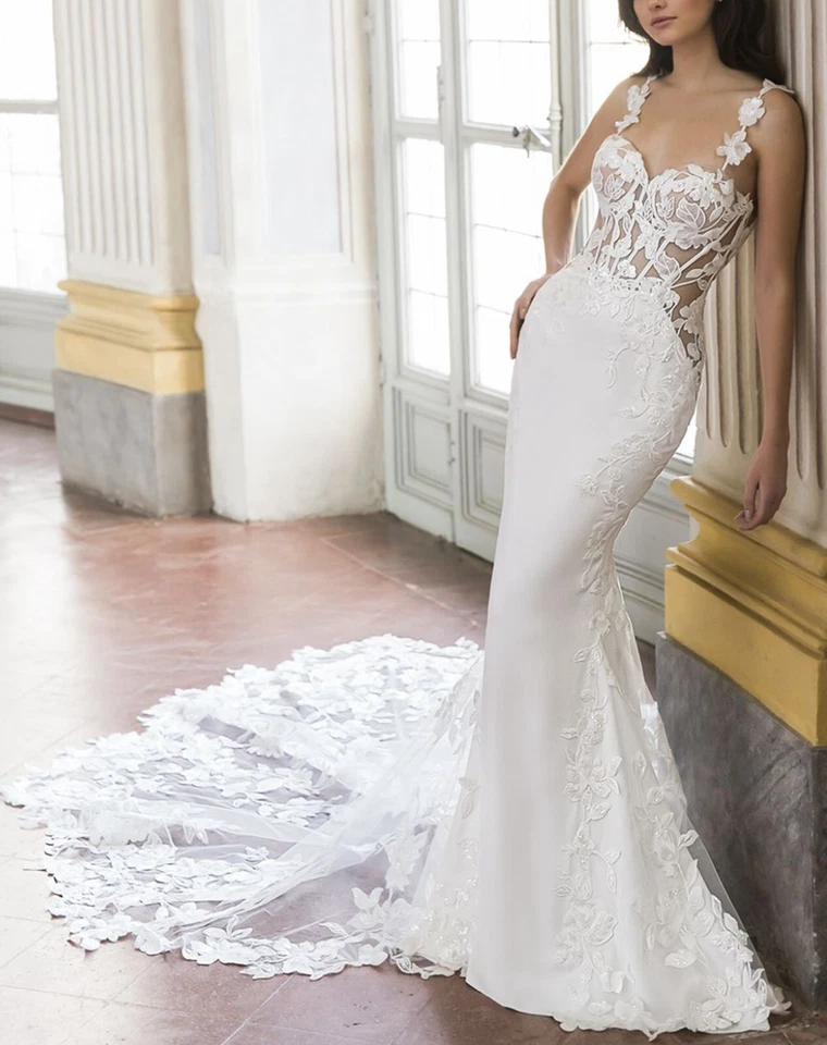 Spitze Hochzeitskleid Brautkleid Träger 32-50 Illusion Korsage Meerjungfrau Weiß - Bild 3 von 4