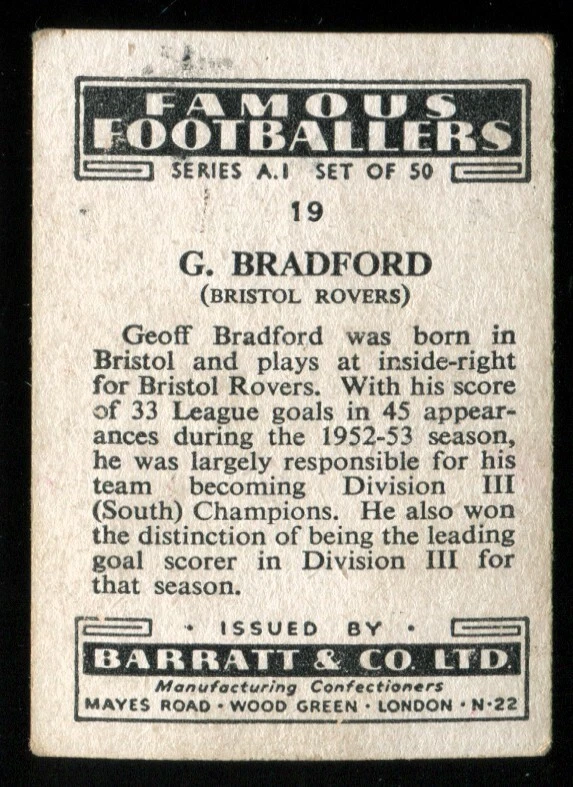 Trade Card, Barratt, FAMOUS FOOTBALLERS, A1, 1953, Bristol Rovers,G Bradford,#19 - Image 2 of 3