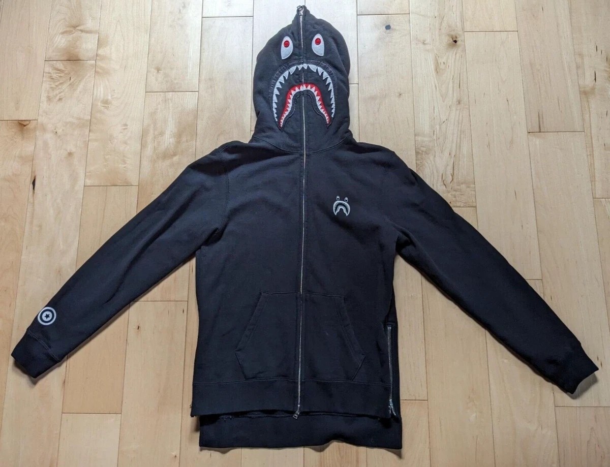 A Bathing Ape BAPE Shark Full Zip Hoodie Black Women's XS side zippers  Authentic