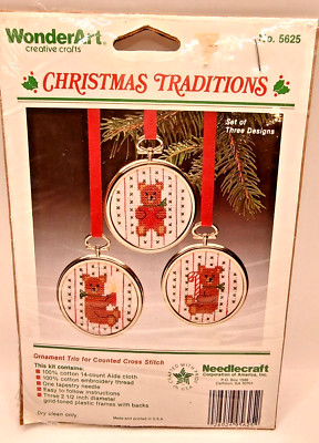 WonderArt Counted Cross Stitch Kit Christmas Ornaments Teddy Bear 5625 New NOS