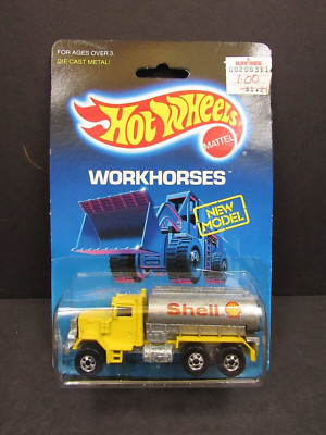 Hot Wheels Blackwall Shell Yellow Peterbilt Tanker Truck Blue Workhorses Card 1B