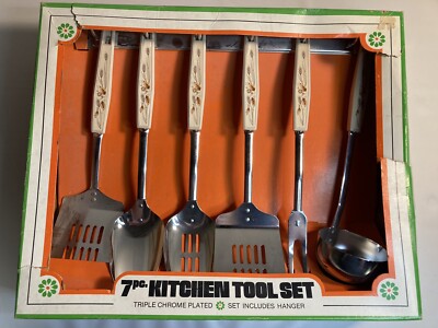Sanyei Vintage 7 piece kitchen tool set triple chrome plated included hanger New