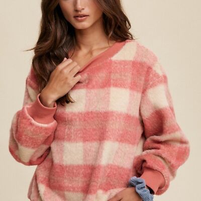 NWT - Listicle - Furry Plaid Crew Neck Sweat Top - Size M