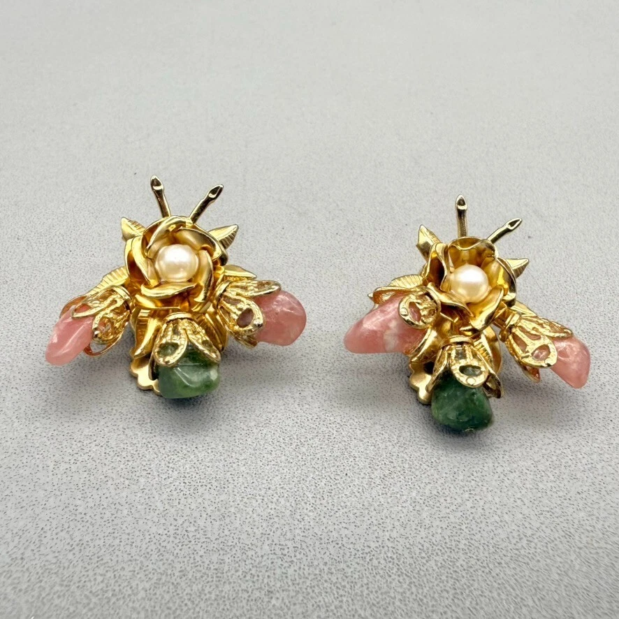 Vintage Earrings Clip On Pink Quartz Green Jade Gold Tone Flowers Faux Pearls 1" - Image 4 of 4