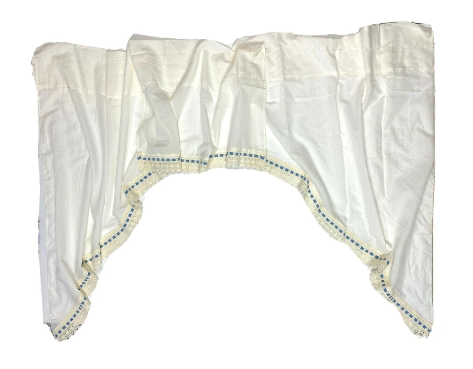 Vintage Set Valances Curtains White Blue Cottagecore Shabby Chic Lace Trim - Image 3 of 4
