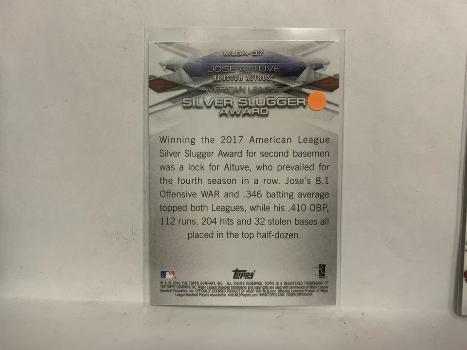 MLBA-37 Jose Altuve AL Silver Slugger Award Houston Astros 2018 Topps Series 1 B - Image 2 of 2