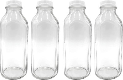 1 Ltr. Glass Milk Bottle with Cap. 4 Pack Square Style 33.8 Oz