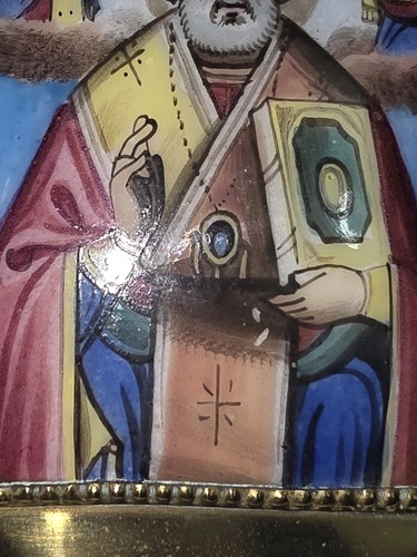 Rare Antique Russian Finift Enamel Icon St. Nicholas Pendant 19th C Cherub Frame - Picture 5 of 7