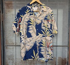 VTG 40s 50s Style Loop Collar Hawaiian Print Rayon Button Up Shirt Hand Screened