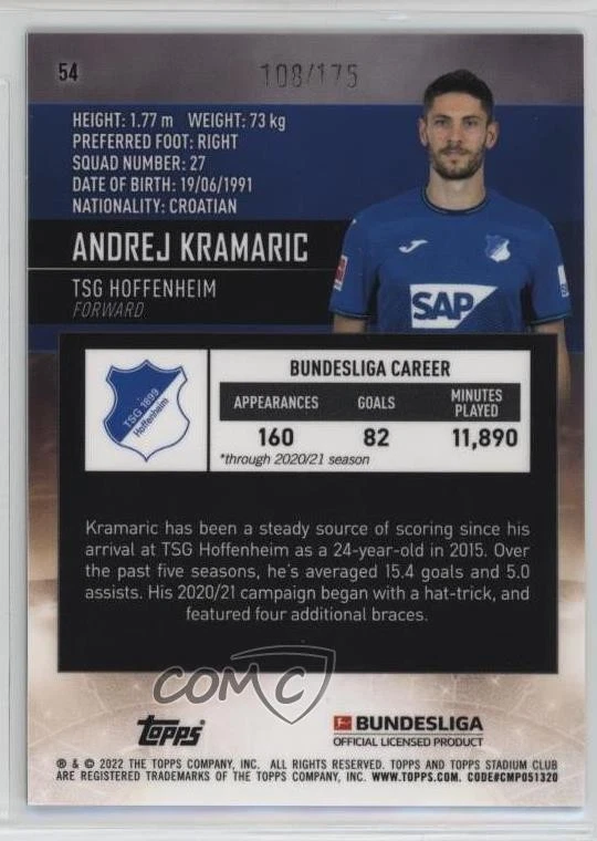 2021-22 Topps Stadium Club Chrome Bundesliga /175 Andrej Kramaric #54 - Image 2 of 2