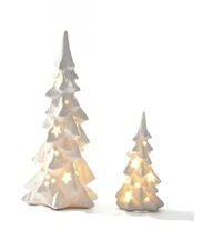  White Ceramic Christmas Trees that Light Up, 2Pcs Set of 2 Snow-white