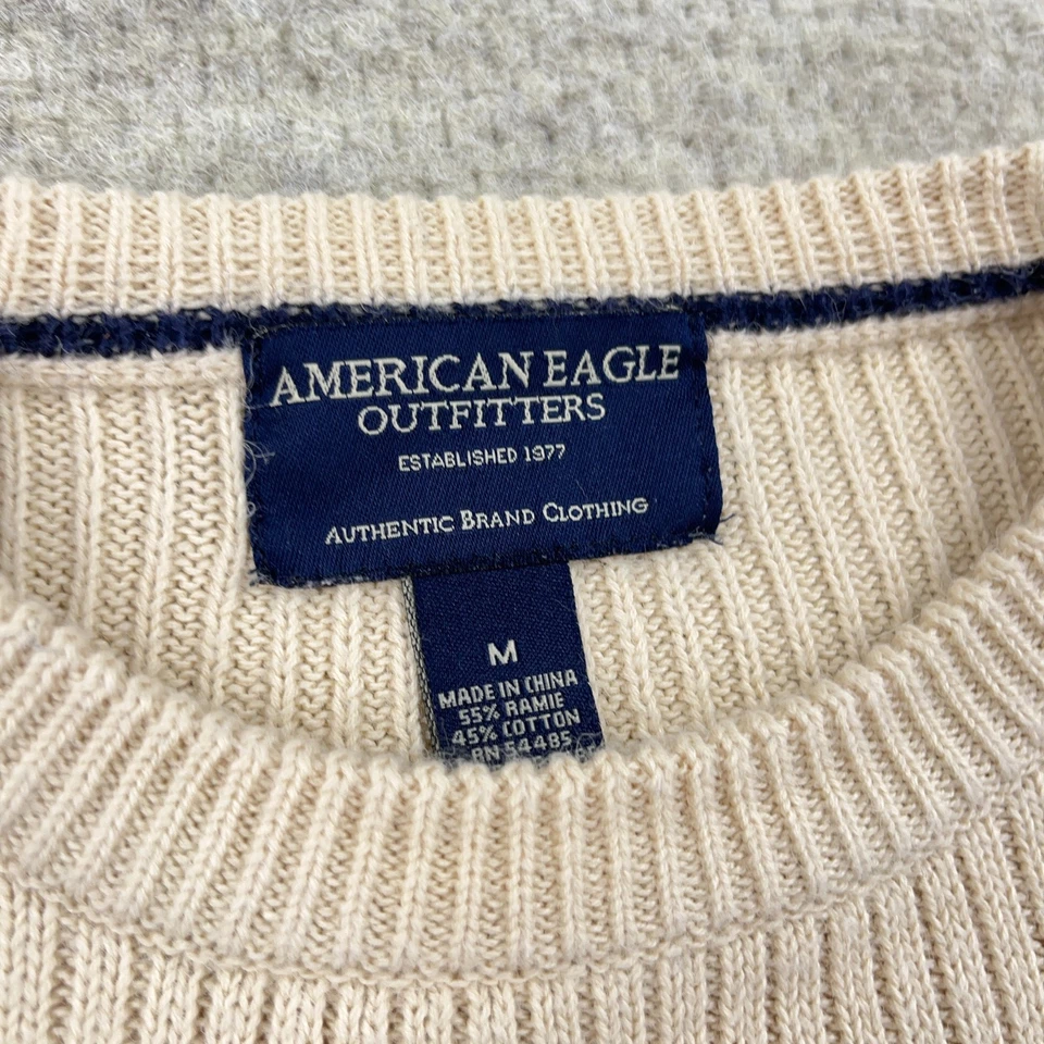 Suéter De Colección Y2K American Eagle Hombres Medio Crema Blanco Grueso Tejido Rayas Foto 3 de 4