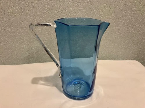 BLENKO blue optic glass pitcher 8" x 7.5"