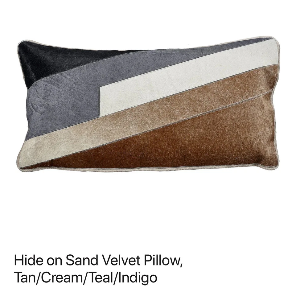 2 CALLISTO pillows set hide on Sand Velvet hide Tan/Cream/Teal/Indigo 22x13 fur - Image 3 of 4