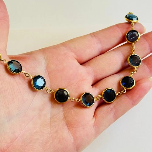 VTG Costume Jewelry Bracelet Blue sapphire crystal open bezel high end regal 7"