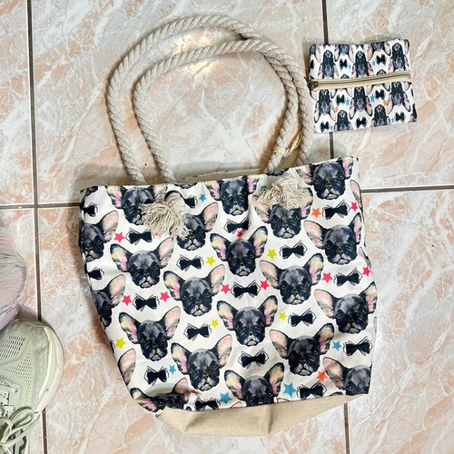 Frenchie Floating Head Tote Strandtasche Alltagstasche schwarz pink weiß Reißverschluss - Bild 6 von 6