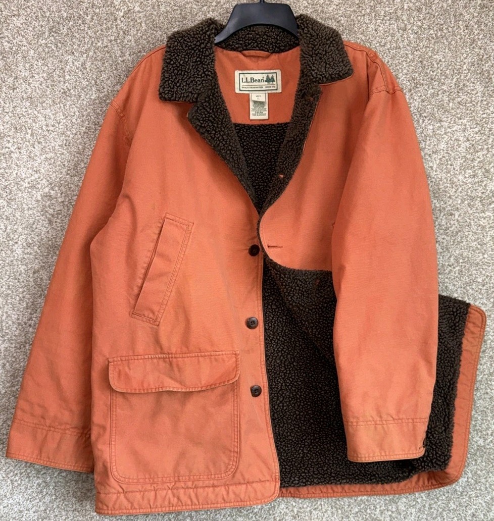 LL Bean Barn Chore Jacket Mens Size Large Orange Canvas Sherpa Fleece Lined Coat