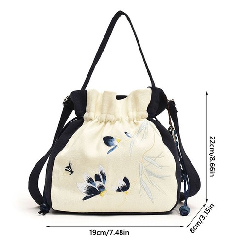 Canvas Women's Bag Flower Embroidery Bucket Bag Drawstrings Handbags Shopping - Picture 3 of 16