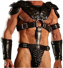 Mens Roman Gladiator Set Black Real Leather Gothic Steampunk Uniform Style LARP