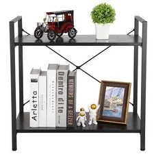 Low 2-Tier Durable Bookshelf Metal Frame Vintage Short Bookcase Display Shelf